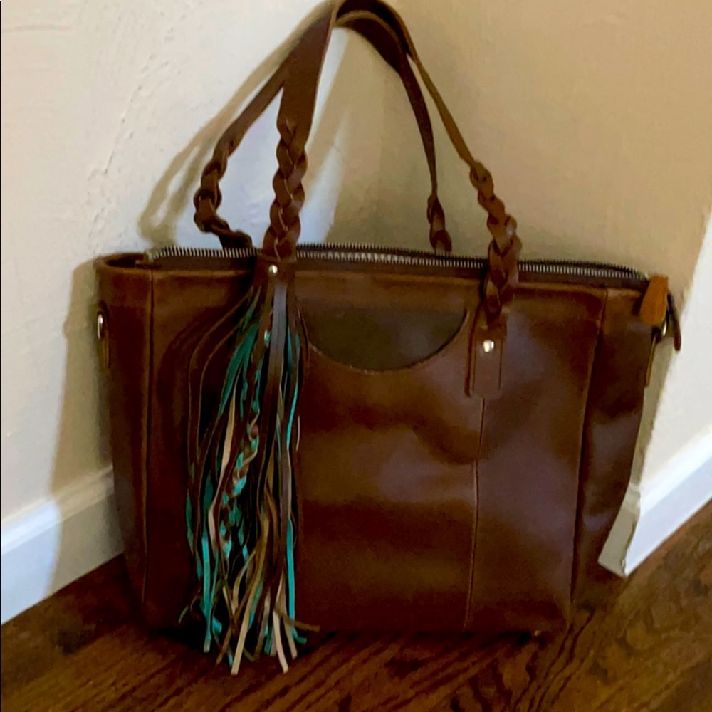 Brown leather purse with turquoise fringe